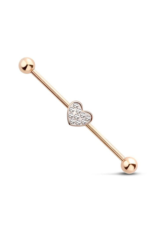 14G 38MM ROSE GOLD PLATED 316L SURGICAL STEEL PAVED HEART CENTER INDUSTRIAL BARBELL Industrial Ear Piercing - Pierced n Proud