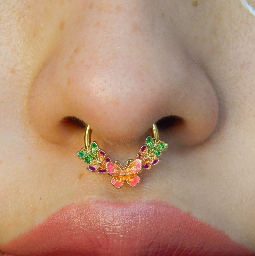 16G Gorgeous Iridescent Butterfly Hinged Segment Septum Ring Ear Piercing - Pierced n Proud