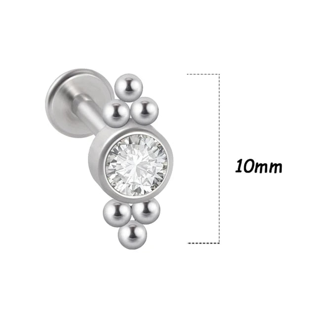 16g 6mm + 8mm Push Pin Labret Lip Ear Tragus Piercing Surgical Steel Clear Gem Triple Dots - Pierced n Proud