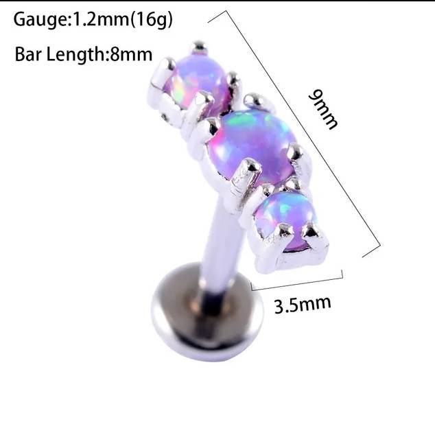 Lined Purple Opal 3 Gem 16g Bar 6mm 8mm x 2 Bars Earring Tragus Helix Flat Cartilage - Pierced n Proud