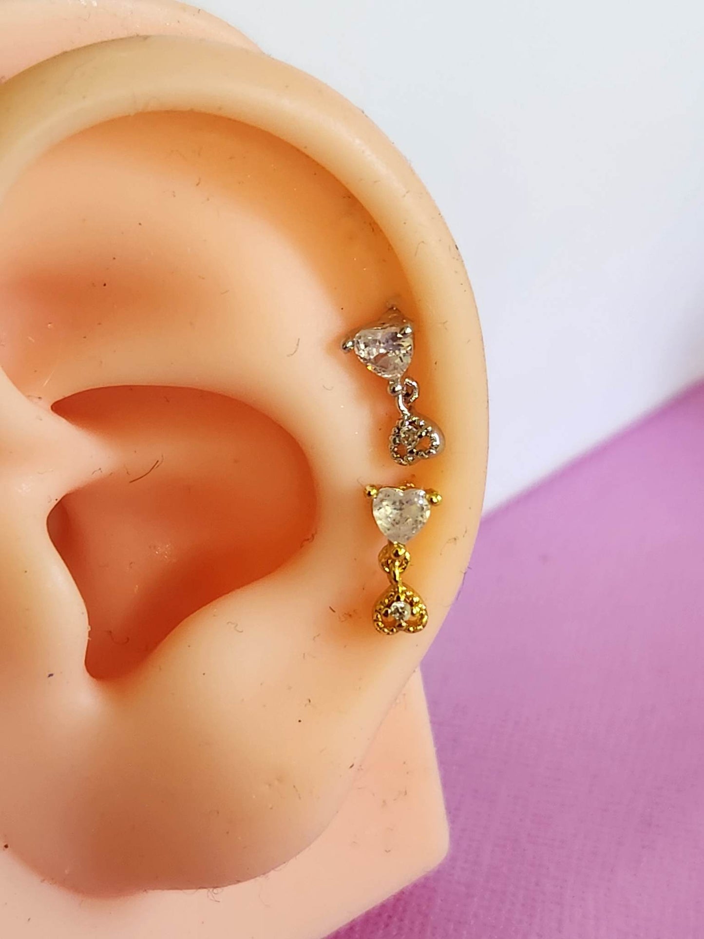 Double Dangle Heart 16g Earrings Design Tragus Daith Cartilage Ear Piercing - Pierced n Proud