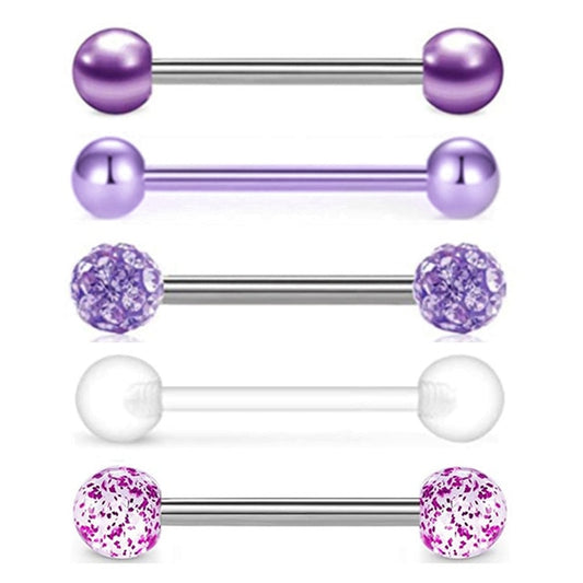 5 x Pieces Purple Mixed 14g 16mm Tongue Piercings Surgical Steel - Pierced n Proud