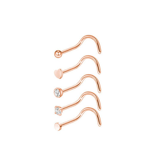 5 x Pack Rose Gold Nose Screws Nose Studs Surgical Steel Gem Heart Flat Claw - Pierced n Proud