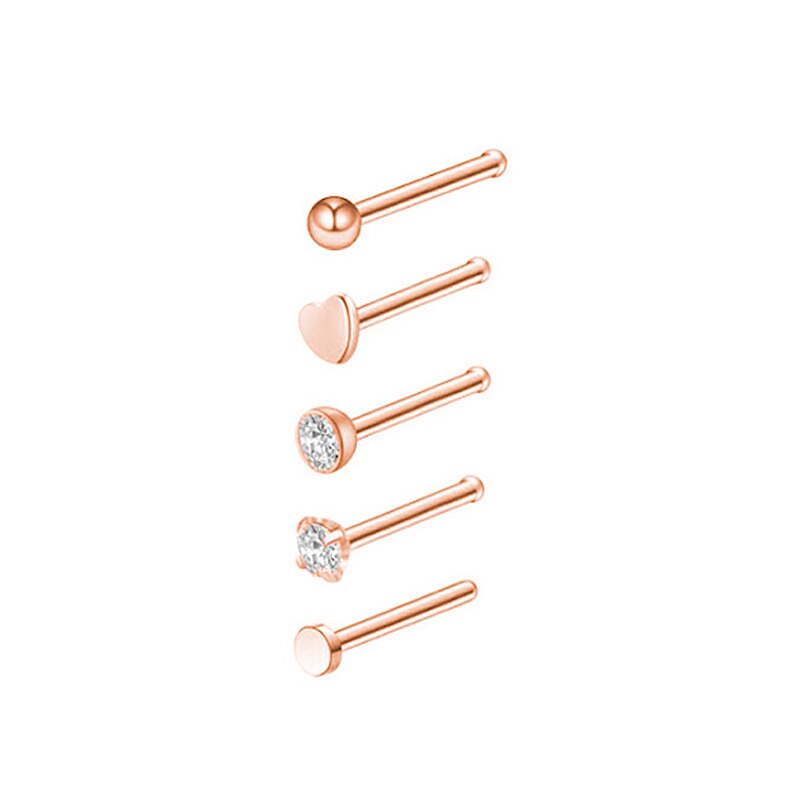 5 x Pack Rose Gold Nose Pins Nose Studs Surgical Steel Gem Heart Flat Claw - Pierced n Proud