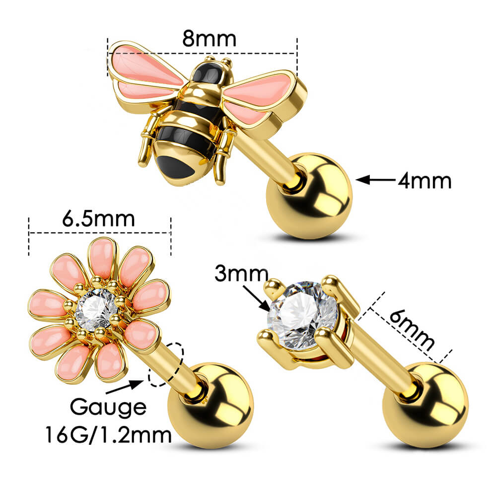 16G 3PCS Bee/Flower/Gem Cartilage Studs Set 8mm Ear Piercings Helix Flat - Pierced n Proud