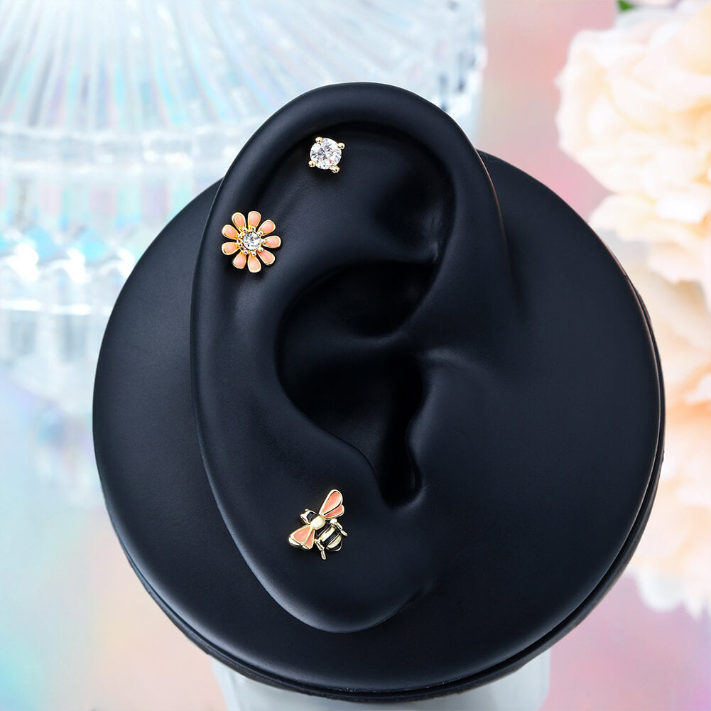 16G 3PCS Bee/Flower/Gem Cartilage Studs Set 8mm Ear Piercings Helix Flat - Pierced n Proud