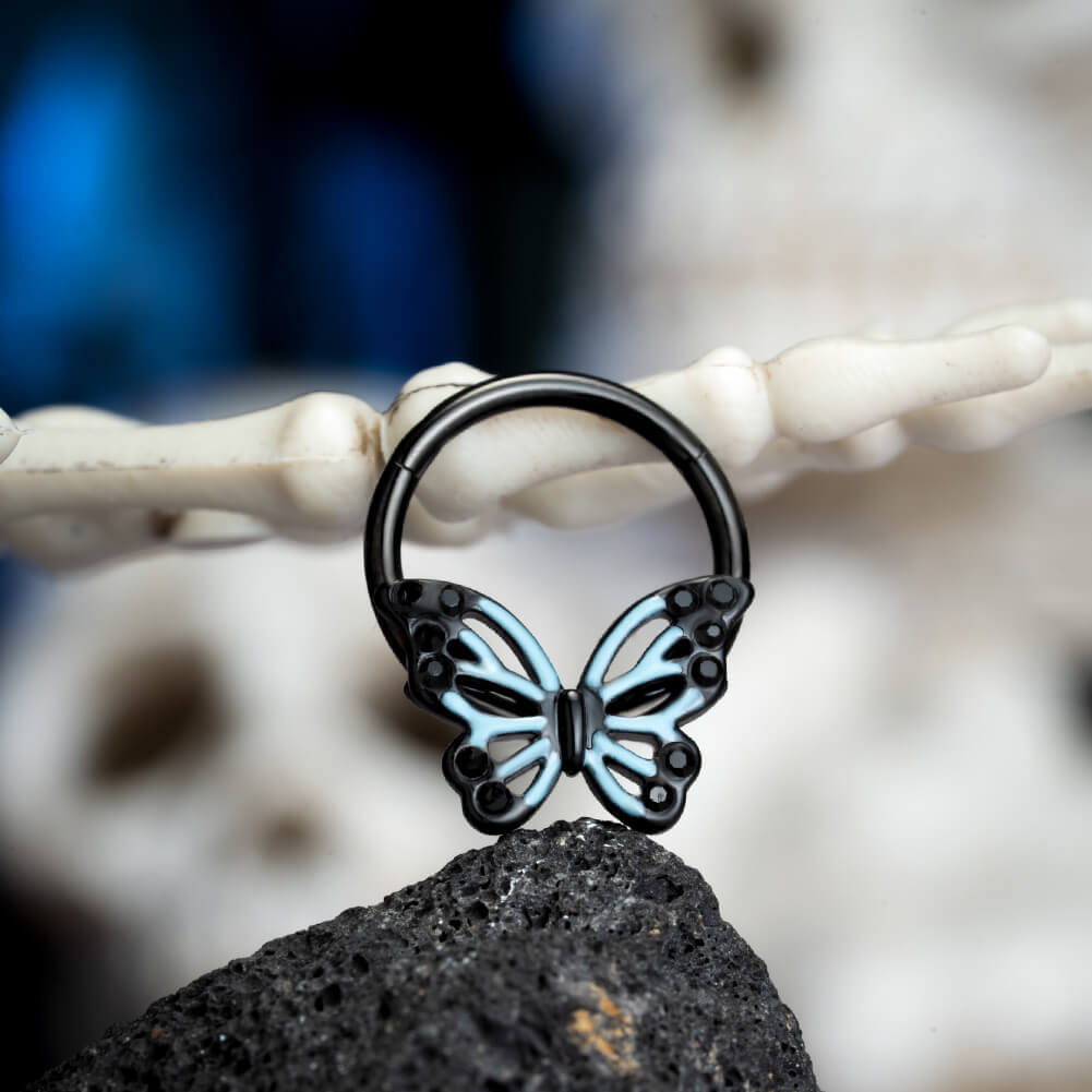 16G Black Blue Ombre Butterfly Hinged Segment Septum Ring 8mm - Pierced n Proud