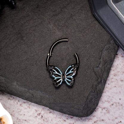 16G Black Blue Ombre Butterfly Hinged Segment Septum Ring 8mm - Pierced n Proud