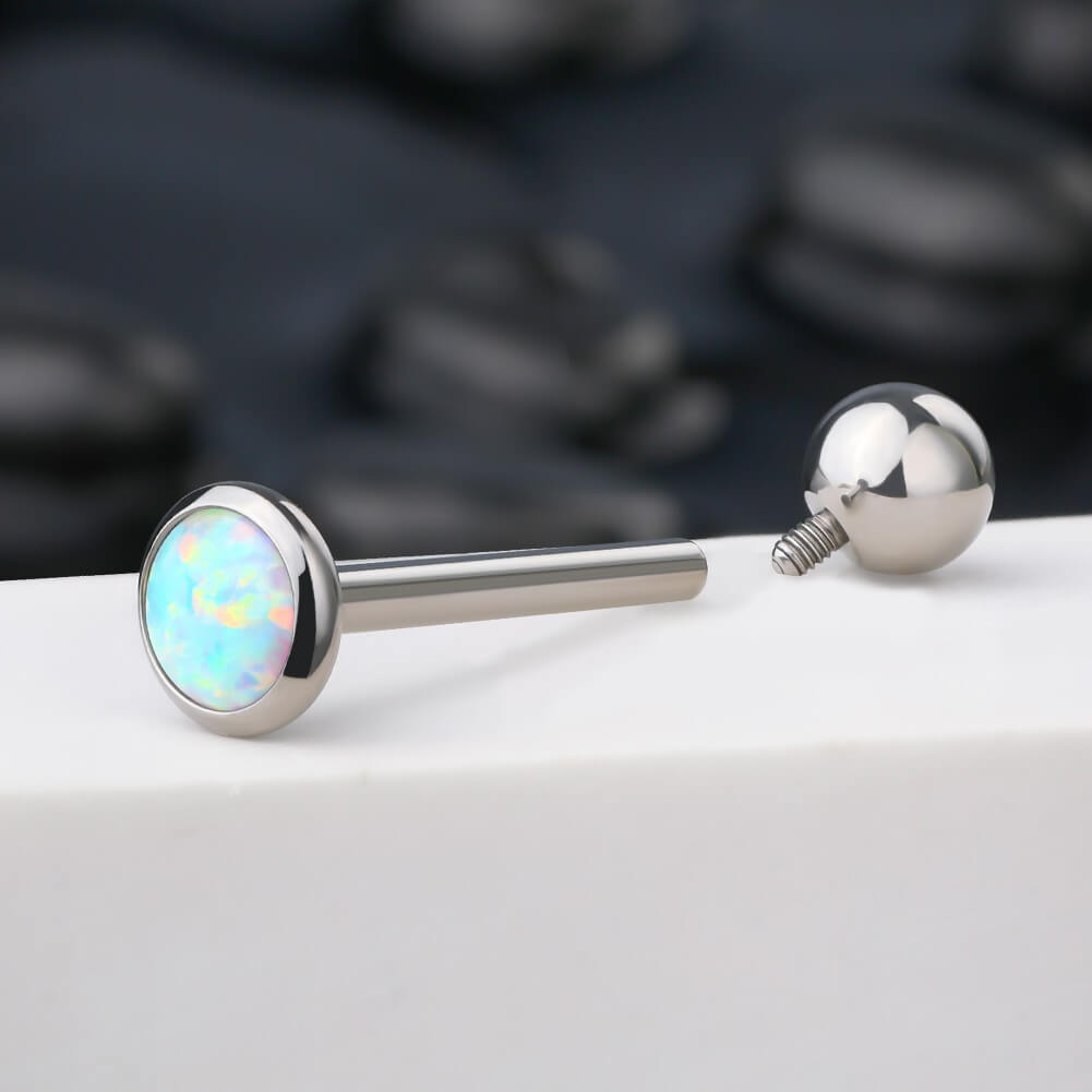 14G Titanium Flat Opal Top Internally Threaded Barbell Tongue Ring 16mm - Pierced n Proud