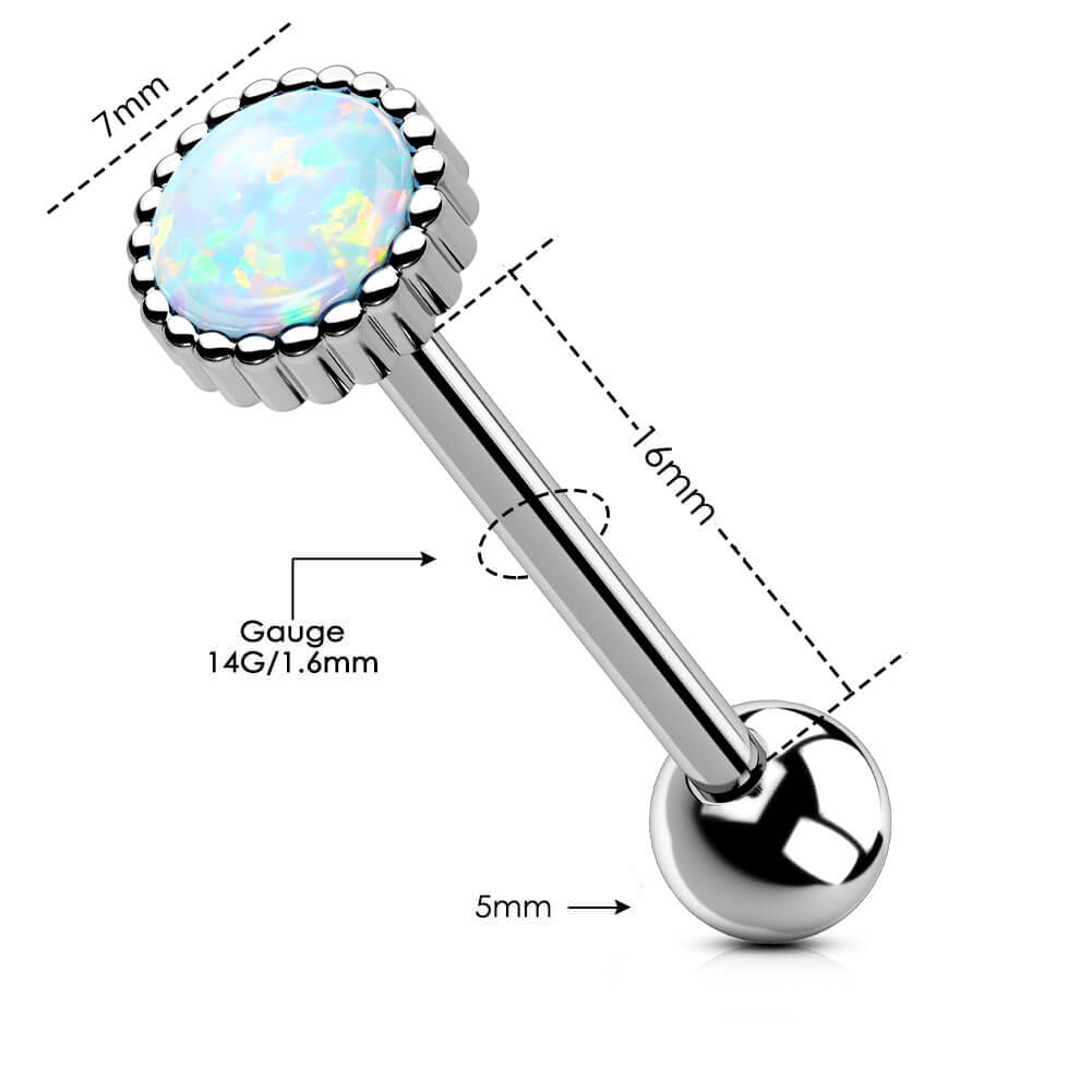 14G Titanium Flat Opal Top Internally Threaded Barbell Tongue Ring 16mm - Pierced n Proud