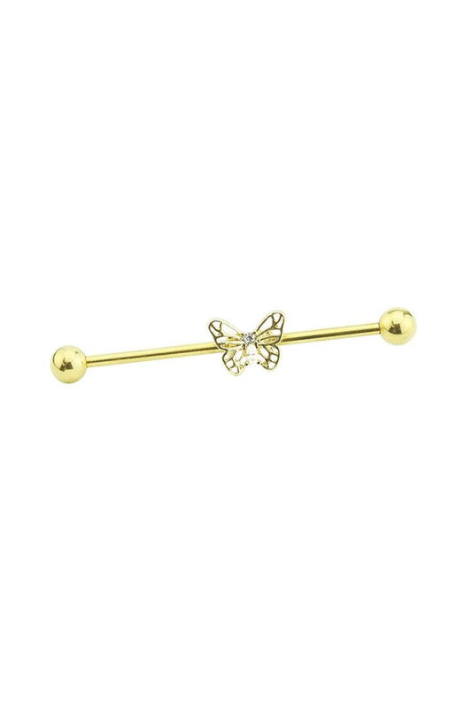 14g 38mm Silver Cz Gem Butterfly Cz Centred Gold Plated 316l Surgical Steel Barbell Industrial Ear Piercing - Pierced n Proud