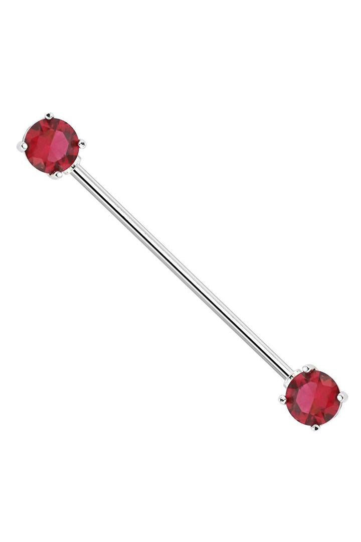 14g 38mm RED ROUND CZ PRONG SET 316L SURGICAL STEEL INDUSTRIAL BARBELLS Industrial Ear Piercing - Pierced n Proud