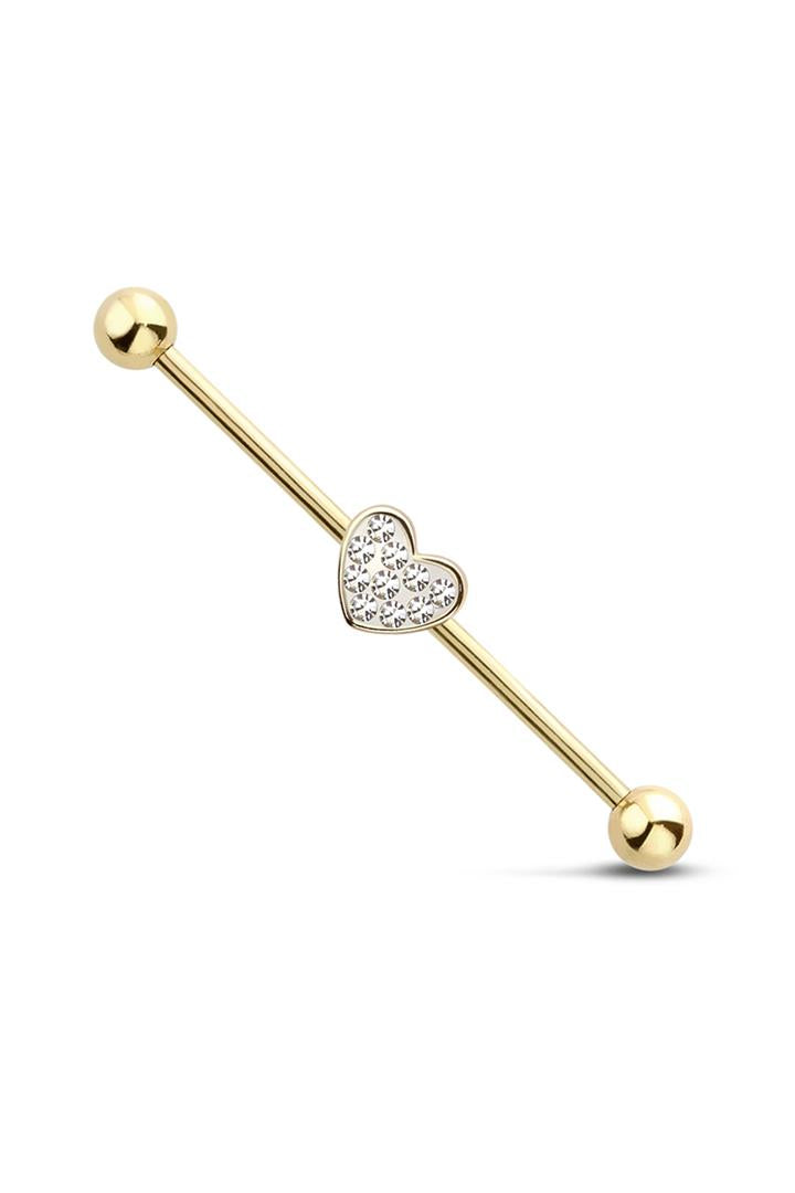 14G 38MM GOLD PLATED 316L SURGICAL STEEL PAVED HEART CENTER INDUSTRIAL BARBELL Industrial Ear Piercing - Pierced n Proud