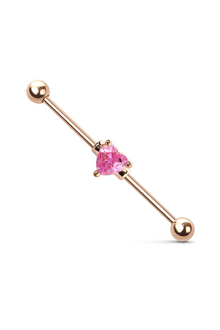 14g 38mm GOLD PLATED PINK HEART CZ CENTER 316L SURGICAL STEEL INDUSTRIAL BARBELL Industrial Ear Piercing - Pierced n Proud