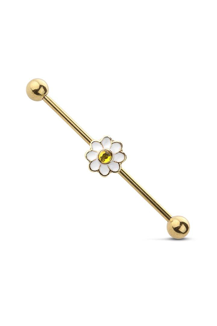 14g 38mm CZ CENTER WHITE DAISY 316L SURGICAL STEEL INDUSTRIAL BARBELL - Pierced n Proud