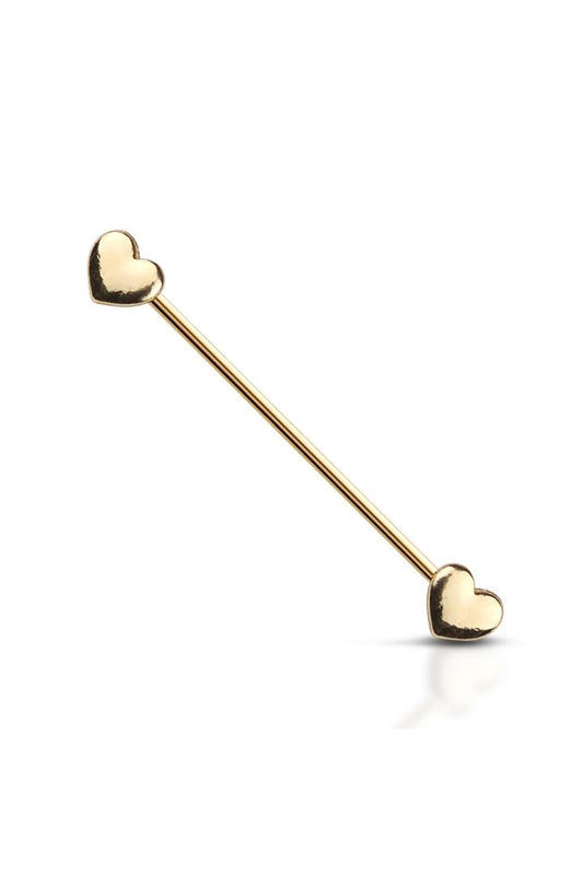 14g 38mm Gold Plated HEART ENDS 316L SURGICAL STEEL INDUSTRIAL BARBELL Industrial Ear Piercing - Pierced n Proud