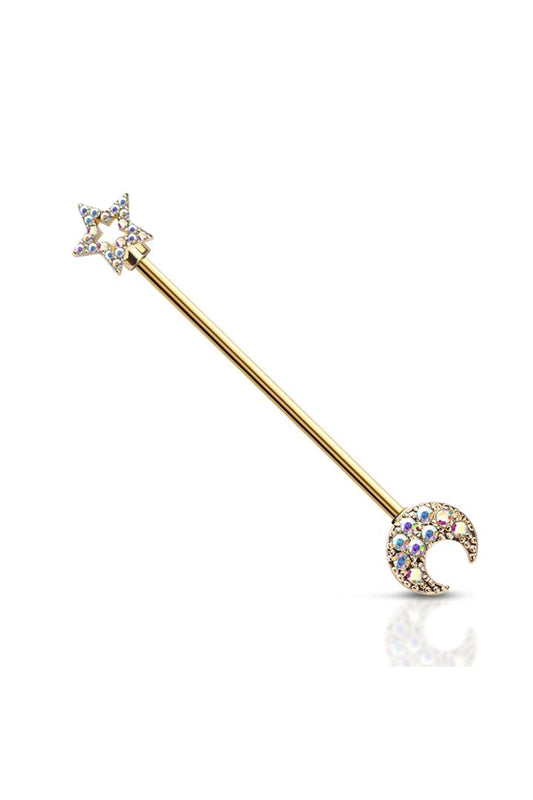 14g 38mm Gold Plated STAR & MOON ENDS 316L SURGICAL STEEL INDUSTRIAL BARBELL Ear Piercing - Pierced n Proud