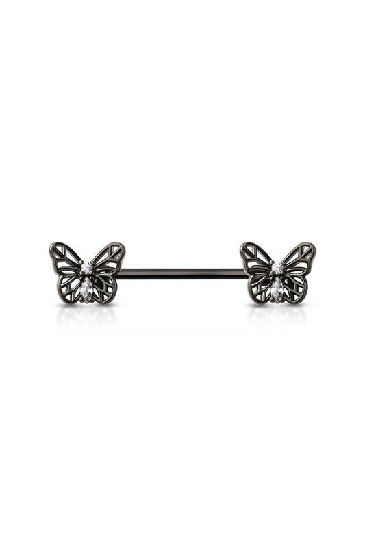 Black PVD Surgical Steel 14g 14mm Steel Butterfly Nipple Barbell - Pierced n Proud