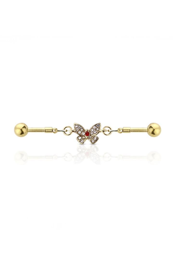 Gold Plated 14g 38mm CZ BUTTERFLY LINKED 316L SURGICAL STEEL INDUSTRIAL BARBELL Ear Piercing - Pierced n Proud