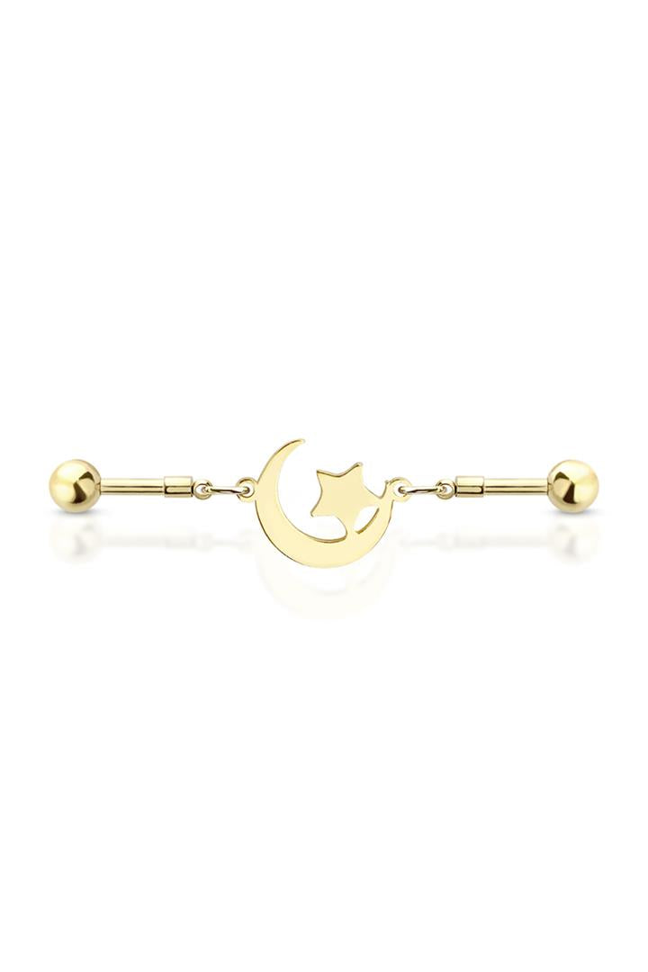 Gold Plated 14g 38mm MOON AND STAR CHAIN LINK MULTI PURPOSE 316L SURGICAL STEEL INDUSTRIAL BARBELL - Pierced n Proud