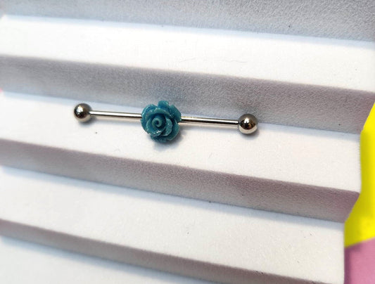 Blue Flower Design Industrial Bar Ear Piercing Earrings - Pierced n Proud