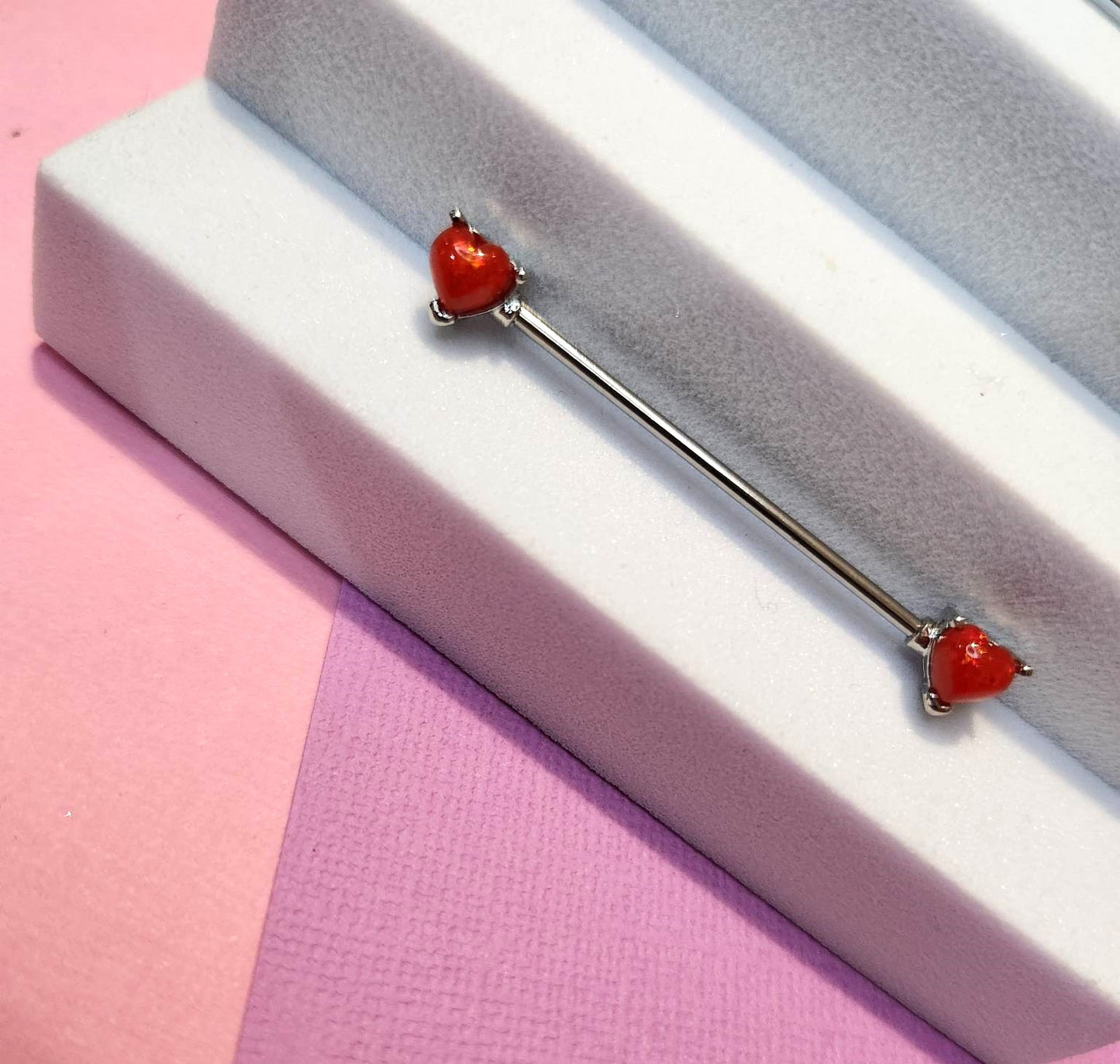 Red Love Heart Ends Design Industrial Bar Ear Piercing Earrings - Pierced n Proud