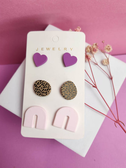 3 Piece Design Earrings Acrylic Purple Love Hearts, Leopold Circles and Pink Rainbow - Pierced n Proud
