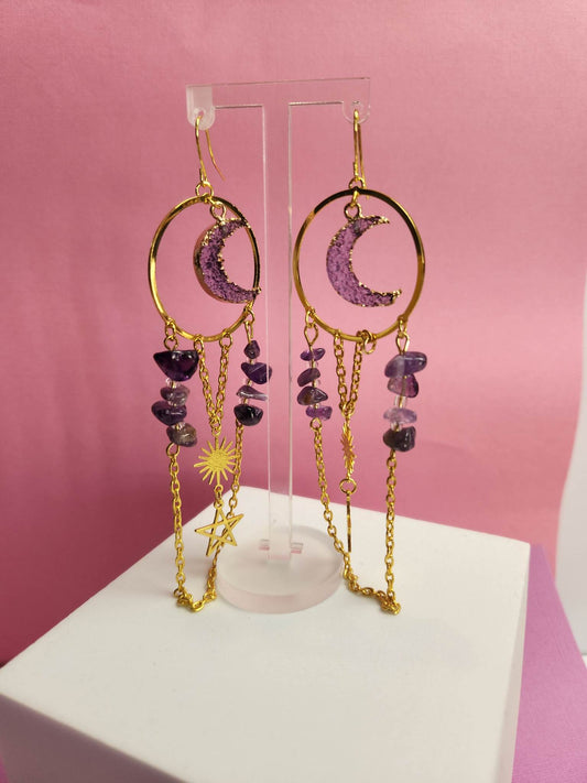 Pair Gold Plated Crescent Moon Faux Crystal Purple Sun Dangle Earrings - Pierced n Proud
