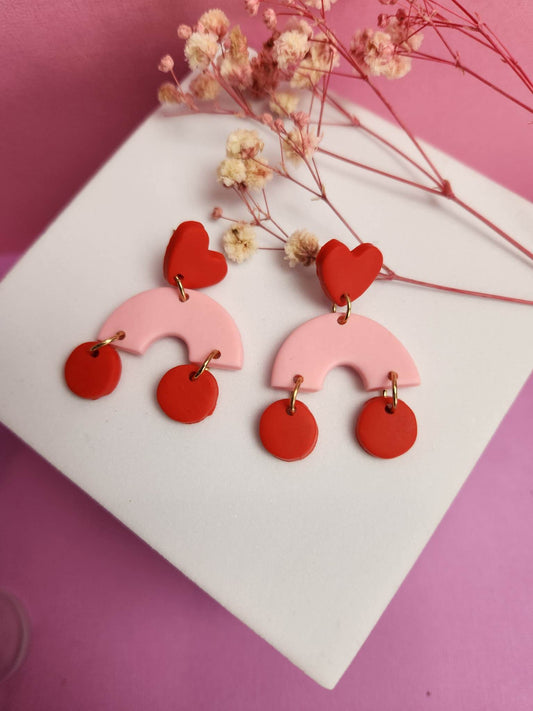1 Pair Pink Dangle Love Heart Rainbow Design Earrings Acrylic Designs - Pierced n Proud