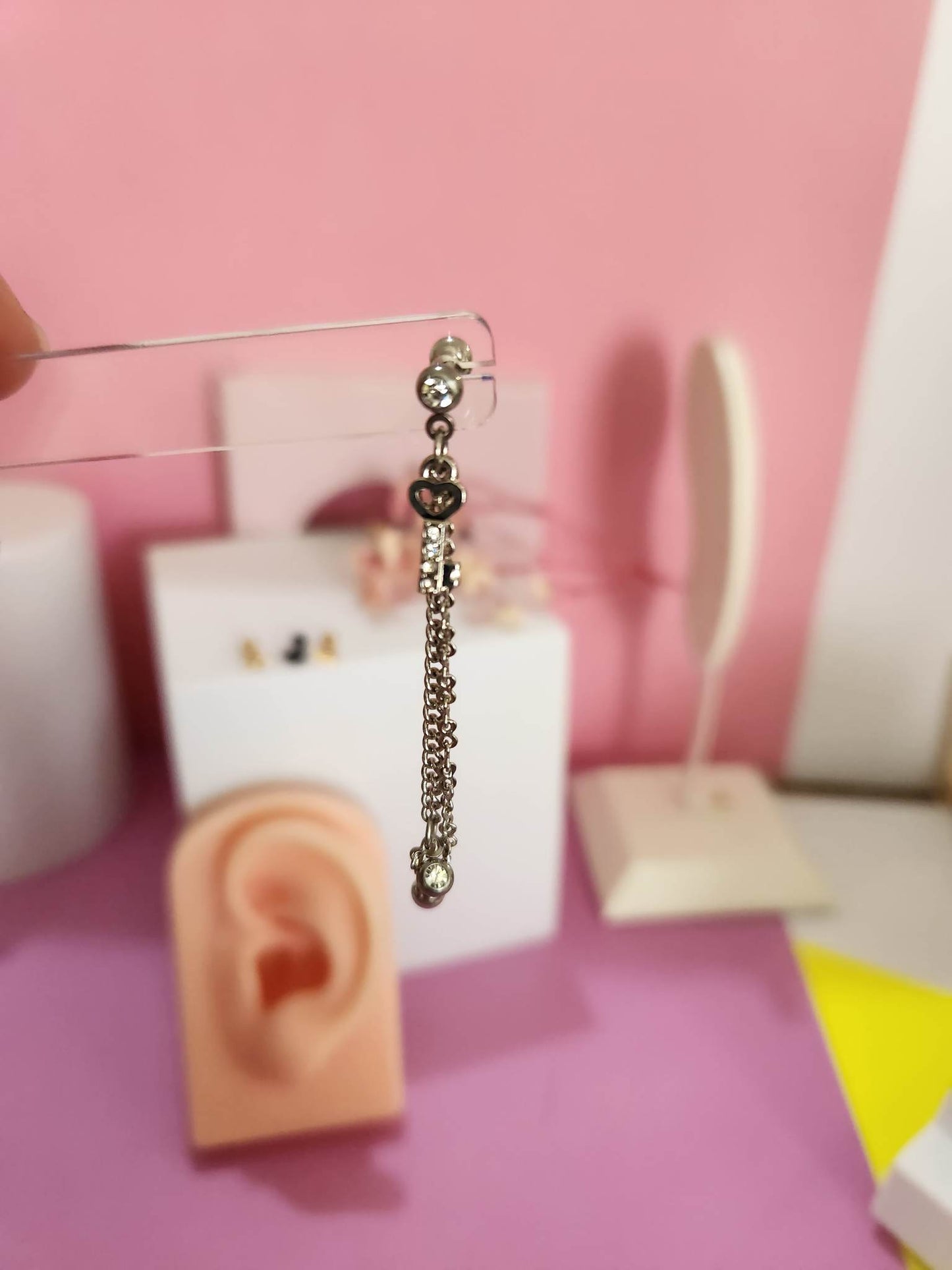 Double Gem Dangle Chain Lock and Key Tragus Cartilage Ear Piercing Bars 16g 6mm - Pierced n Proud