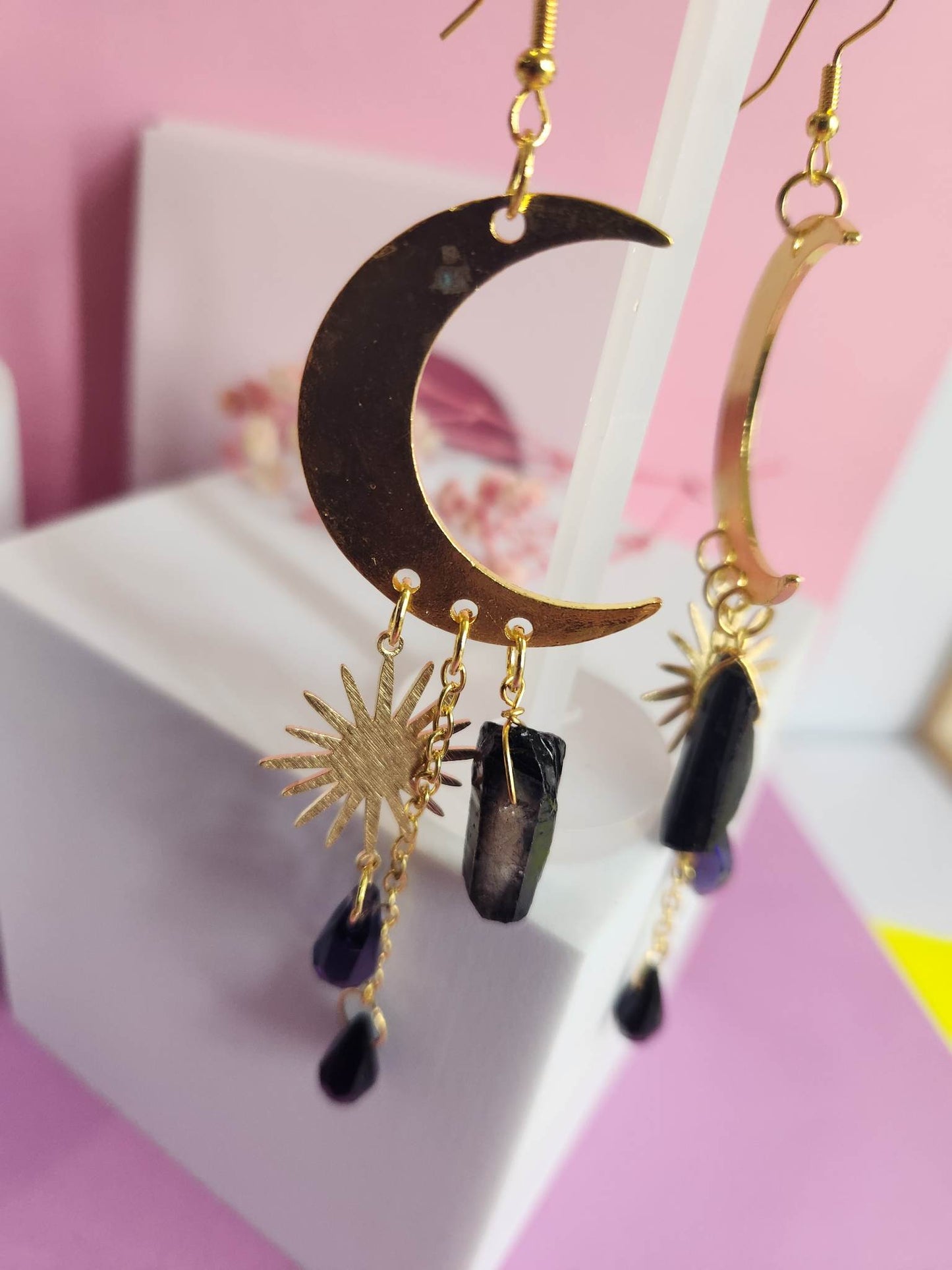 Golden Moon and Sun Faux Dangle Crystal Earrings - Pierced n Proud