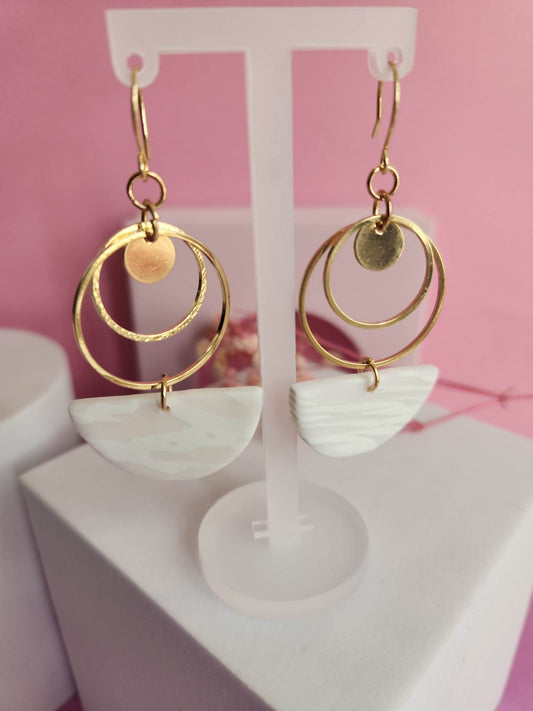 Hoop and White and Gold Design Dangle Earrings - Pierced n Proud