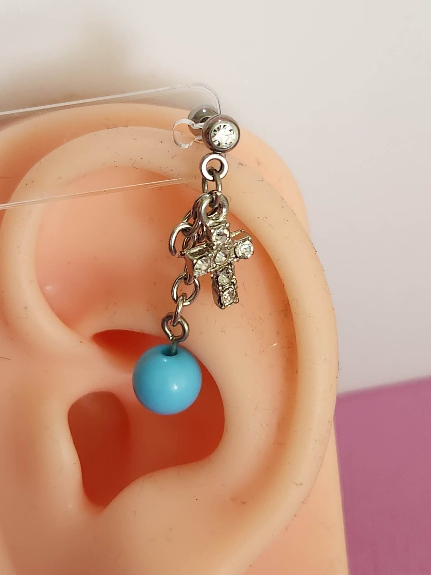 Blue Cross Gem Dangle Tragus Cartilage Ear Piercing Bars 16g 6mm - Pierced n Proud