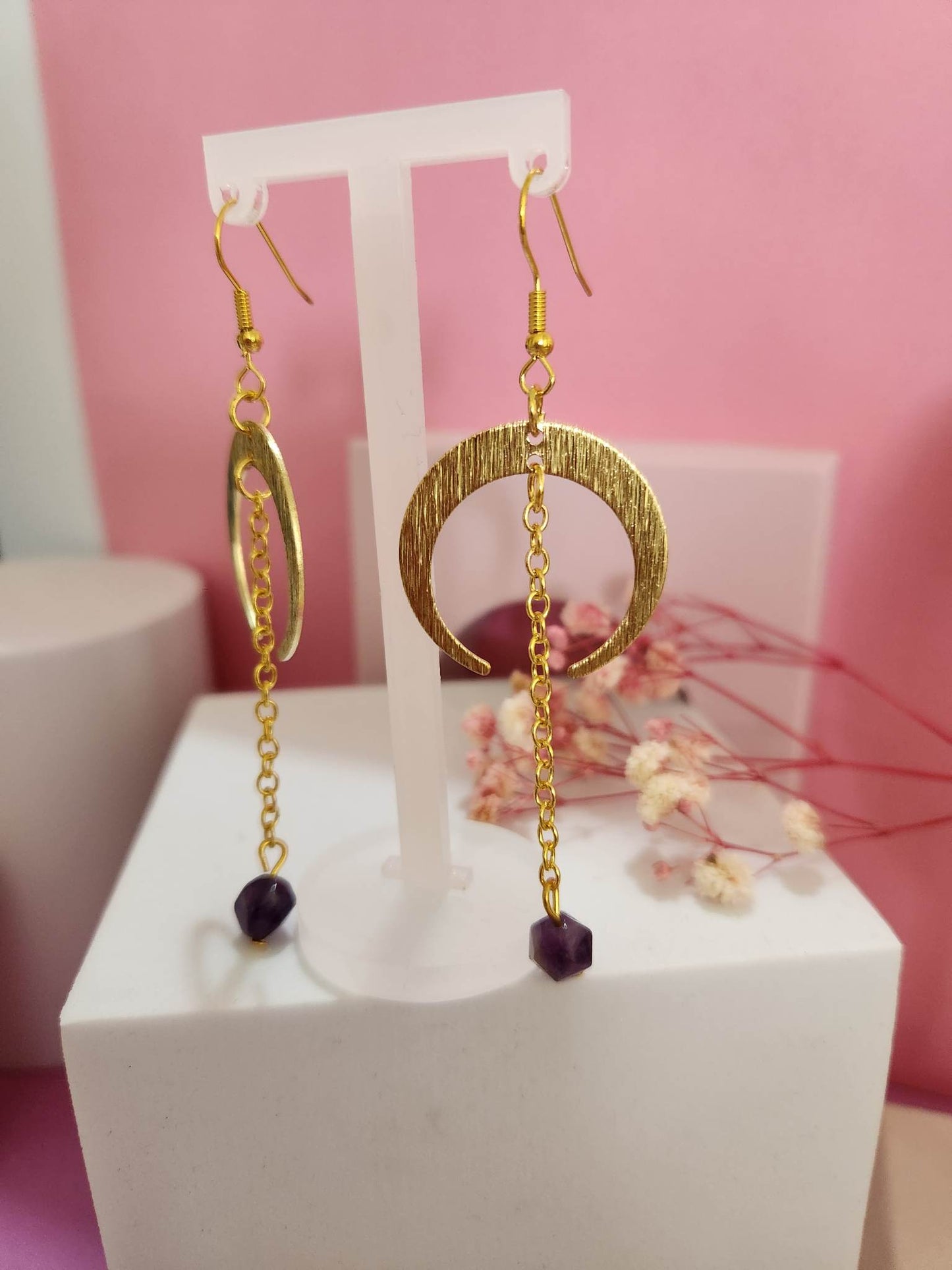 Gold Plated Chain Faux Purple Crystal Dangle Earrings - Pierced n Proud