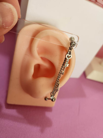 Double Gem Dangle Chain Lock and Key Tragus Cartilage Ear Piercing Bars 16g 6mm - Pierced n Proud