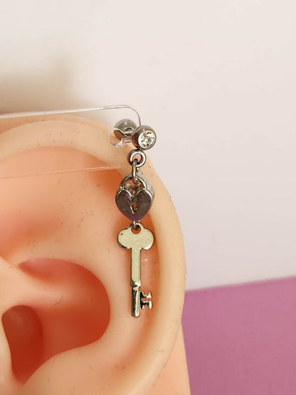 Dangle Lock and Key Gem Tragus Cartilage Ear Piercing Bars 16g 6mm - Pierced n Proud