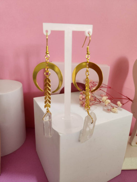 Gold Plated Cresent Moon Faux White Crystal Dangle Earrings - Pierced n Proud