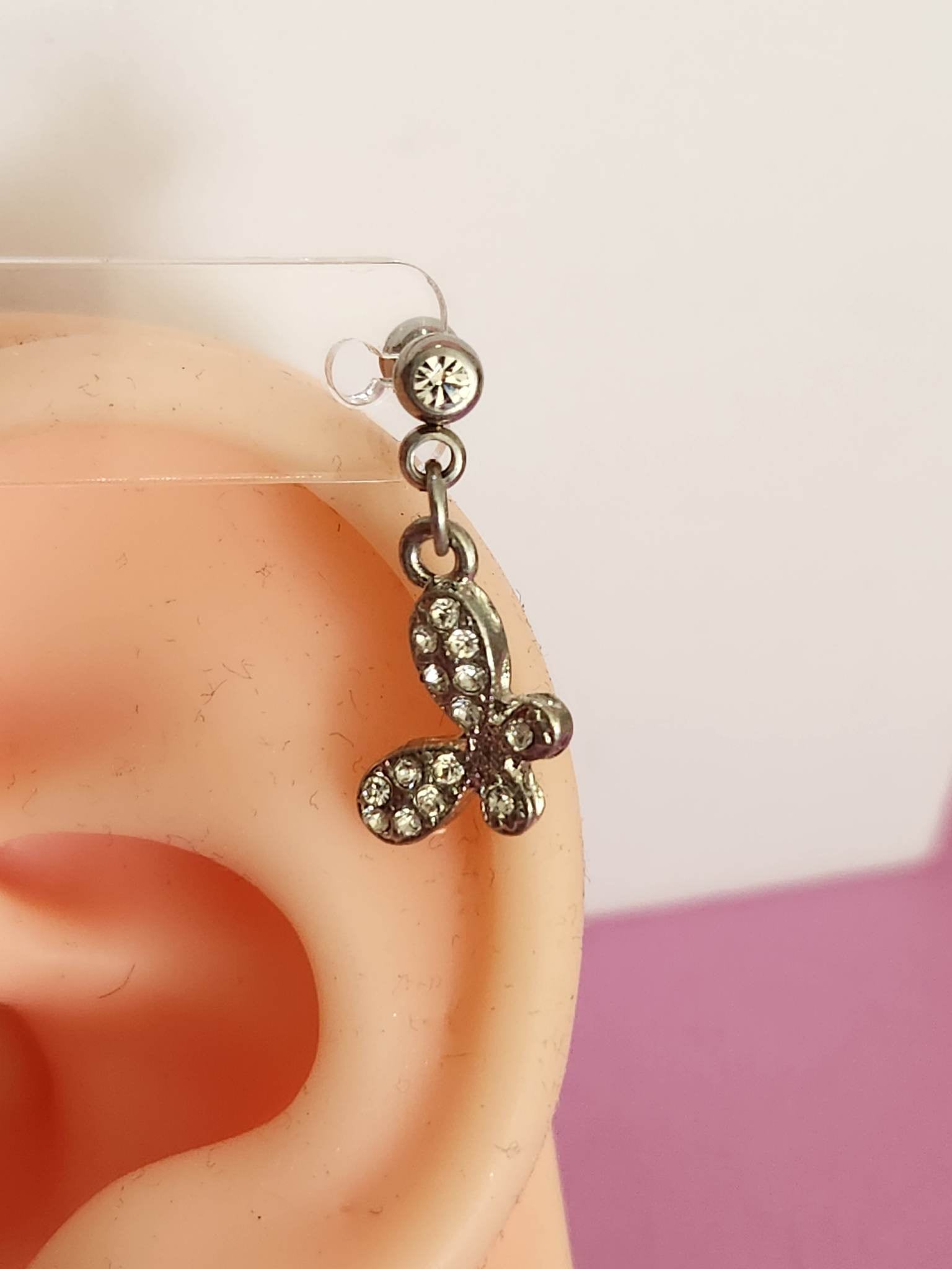 Dangle Butterfly Gem Tragus Cartilage Ear Piercing Bars 16g 6mm - Pierced n Proud