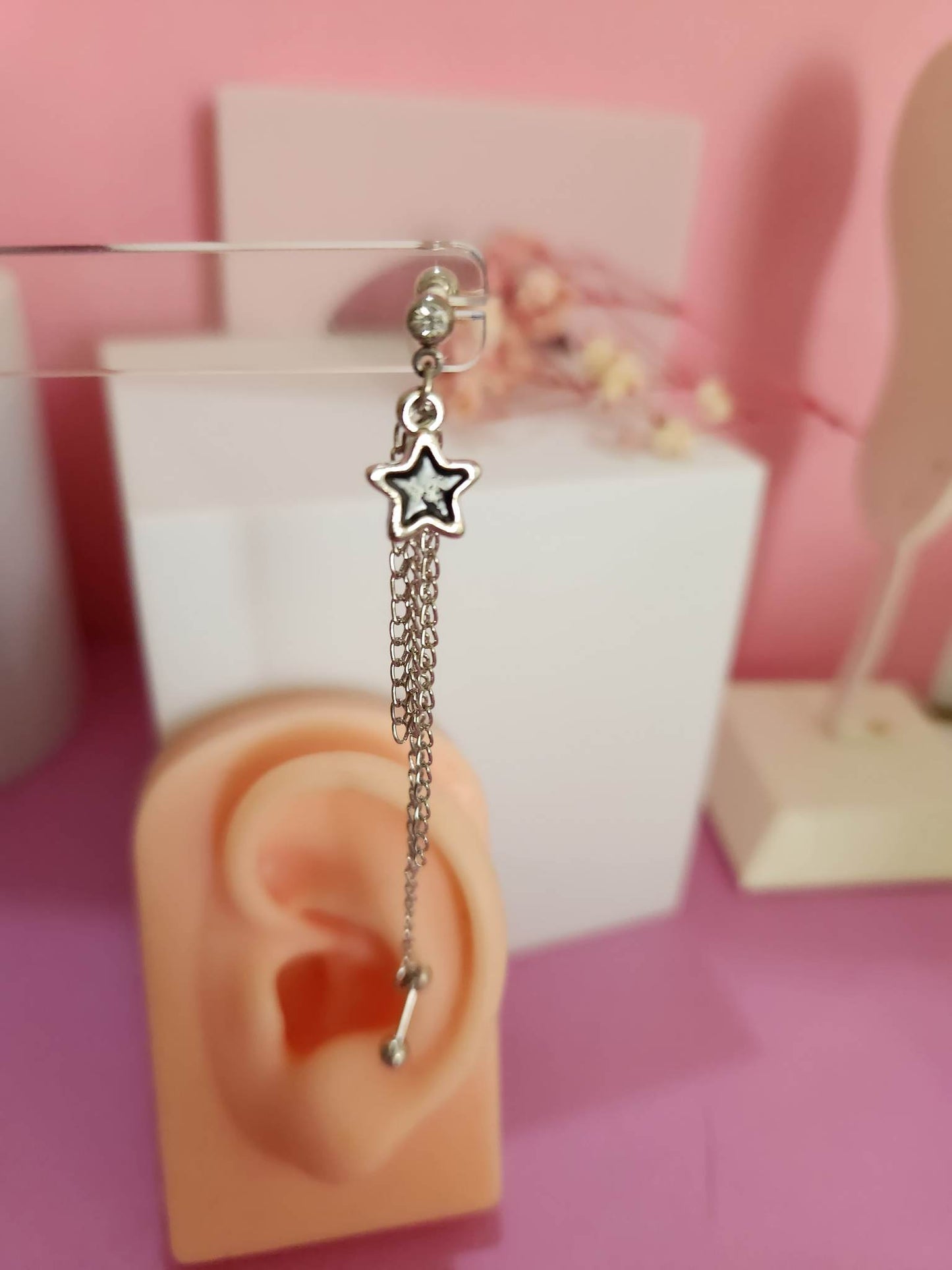 Double Gem Dangle Chain Star Tragus Cartilage Ear Piercing Bars 16g 6mm - Pierced n Proud