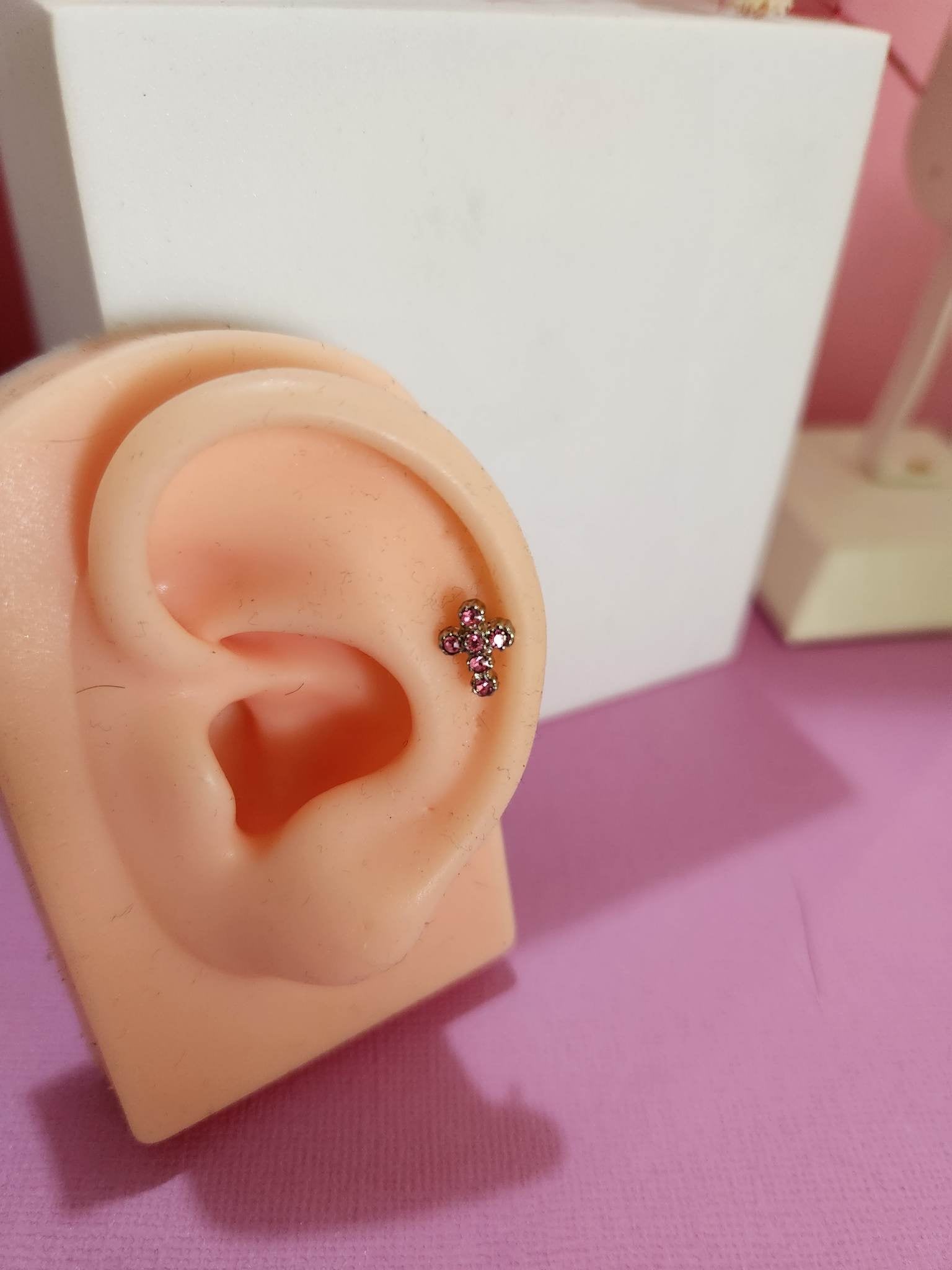 Pink Clear Cross Tragus Cartilage Ear Piercing Bars 16g 6mm - Pierced n Proud