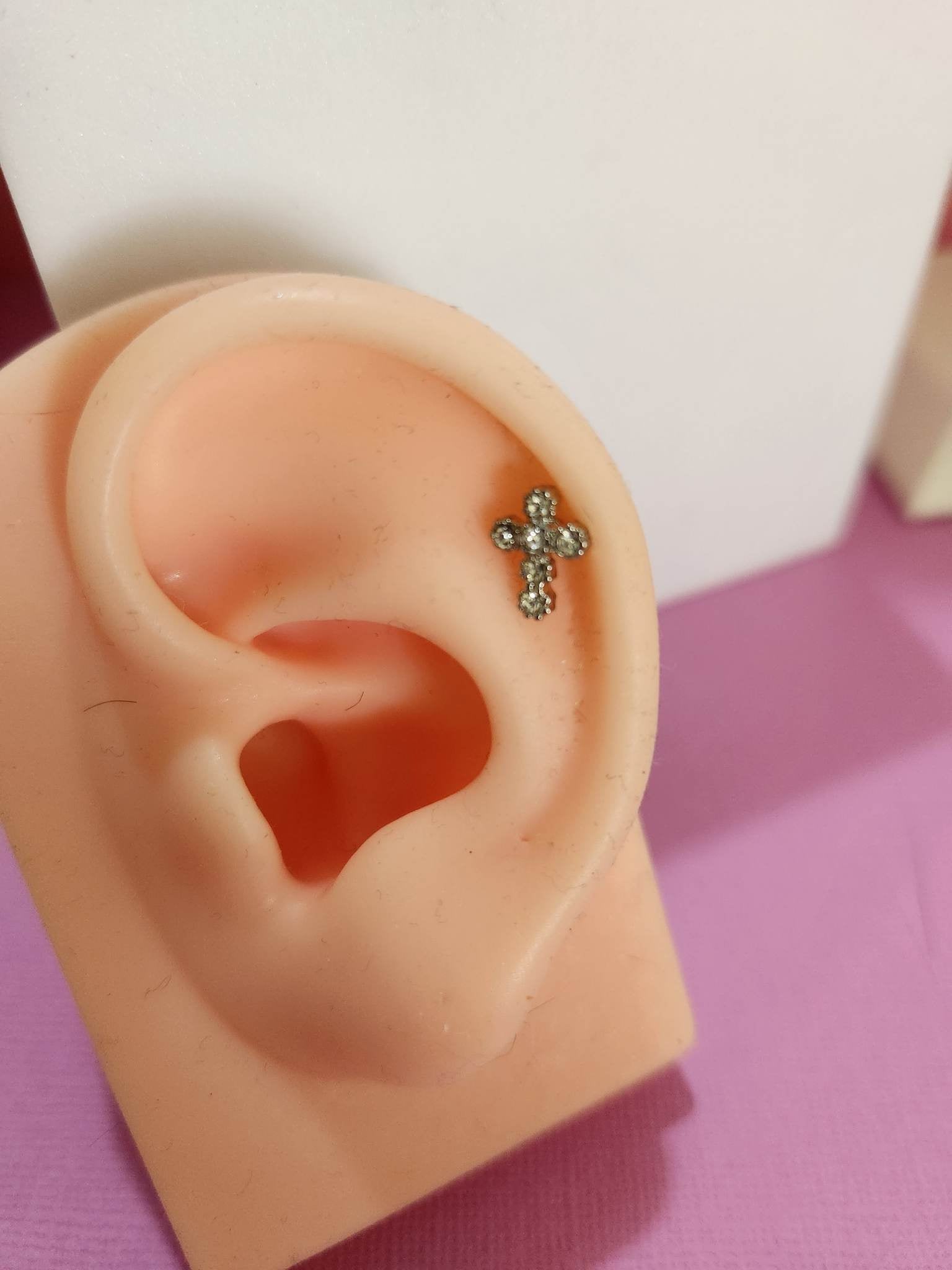 Pink Clear Cross Tragus Cartilage Ear Piercing Bars 16g 6mm - Pierced n Proud