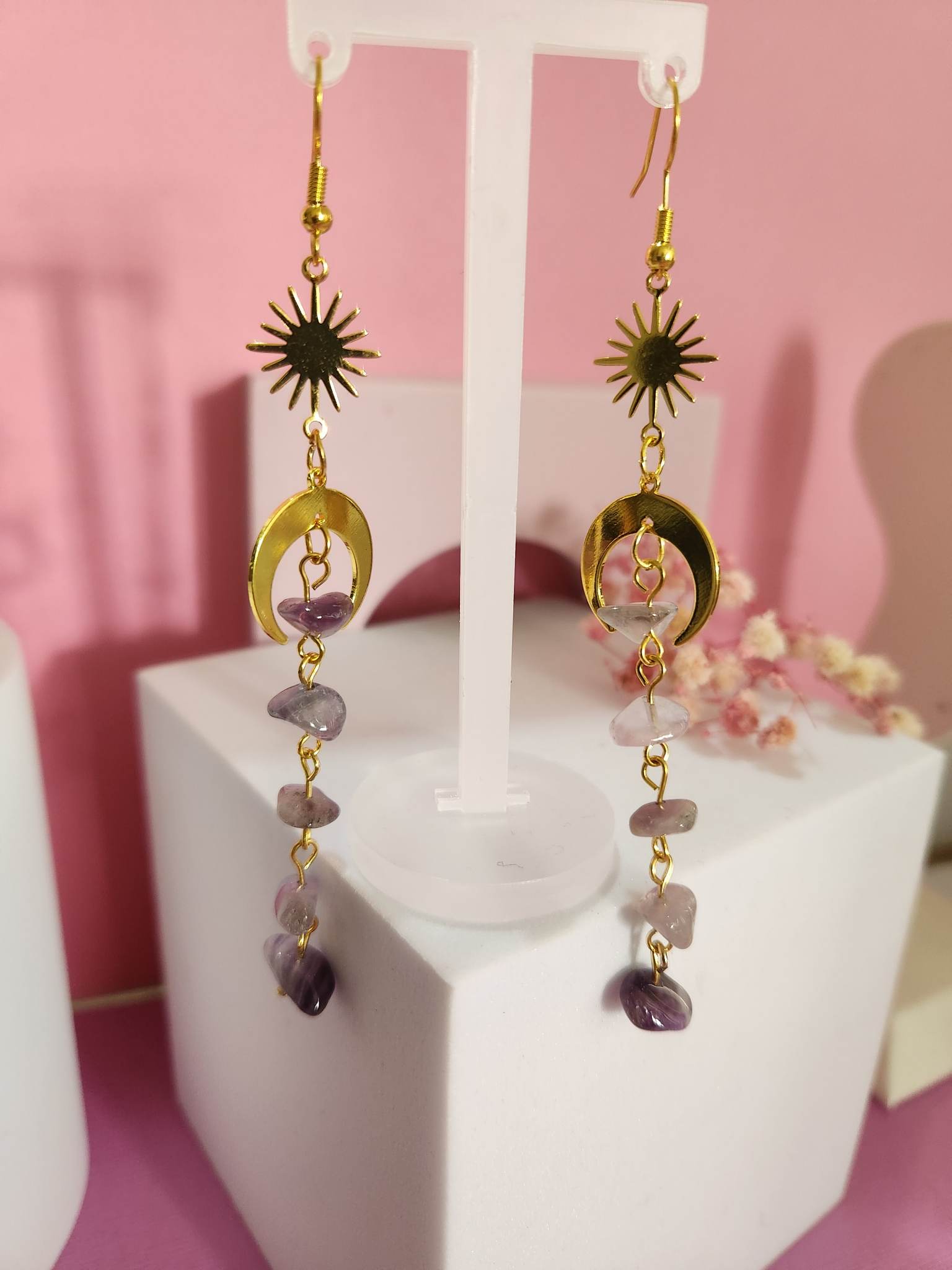 Multi Faux Crystal Dangle Sun Moon Cresent Earrings Purple Crystal - Pierced n Proud