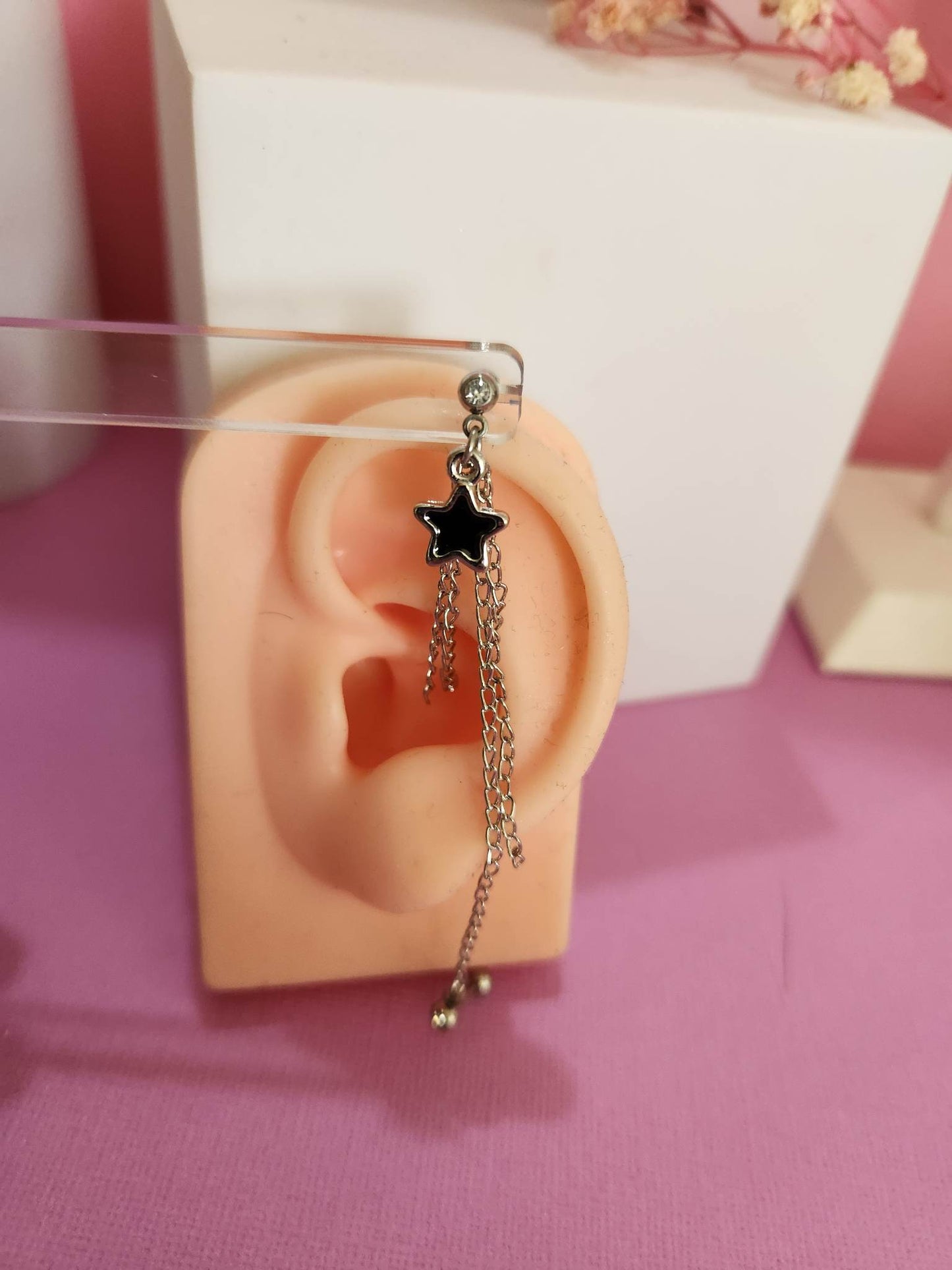 Double Gem Dangle Chain Star Tragus Cartilage Ear Piercing Bars 16g 6mm - Pierced n Proud