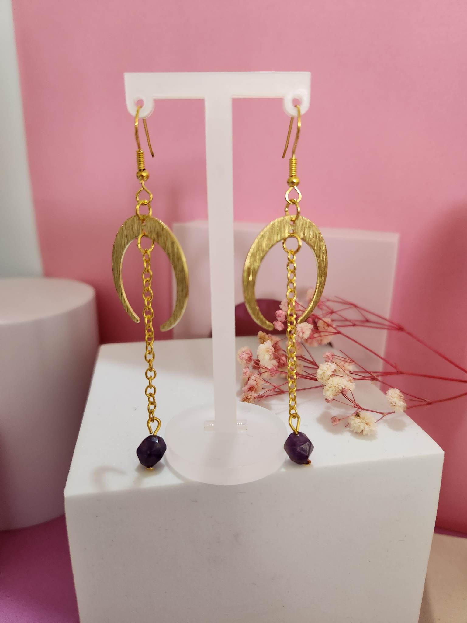 Gold Plated Chain Faux Purple Crystal Dangle Earrings - Pierced n Proud