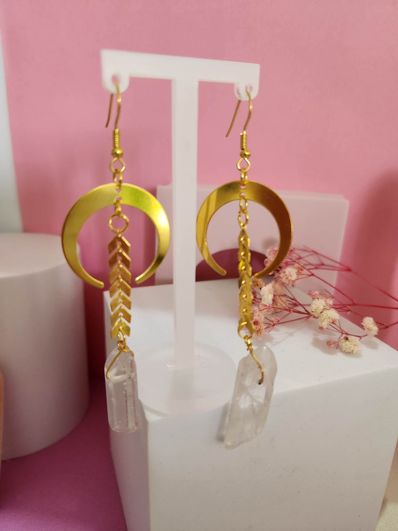 Gold Plated Cresent Moon Faux White Crystal Dangle Earrings - Pierced n Proud