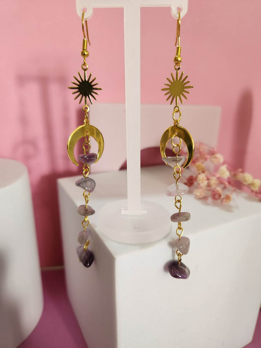 Multi Faux Crystal Dangle Sun Moon Cresent Earrings Purple Crystal - Pierced n Proud