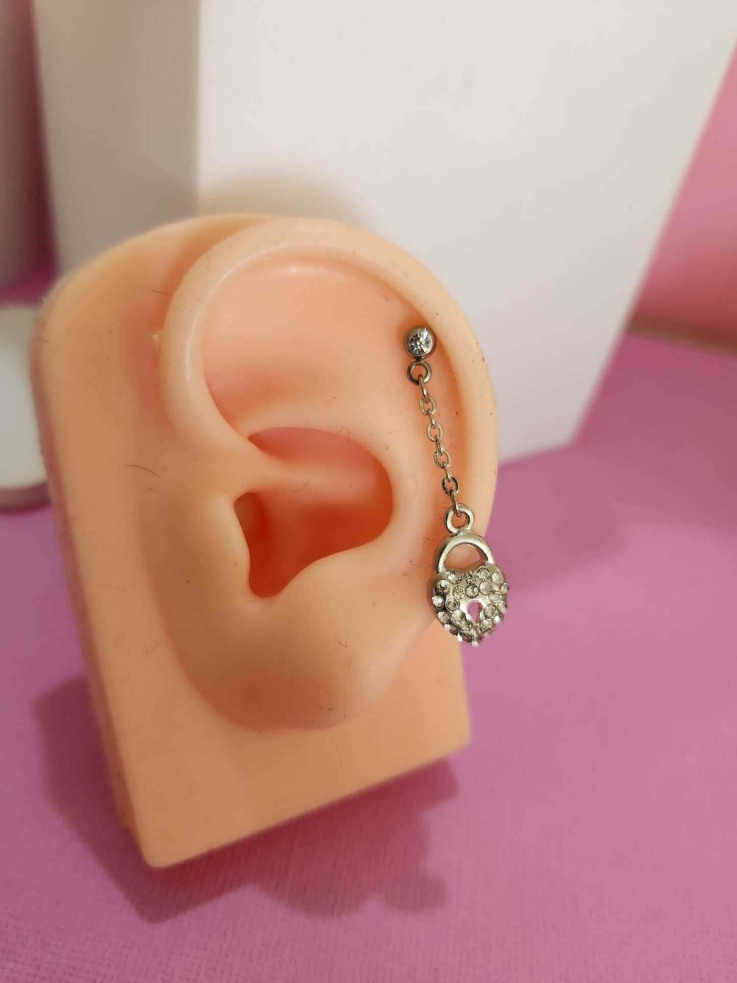Multi Gem Heart Lock Chain Ear Piercing Tragus Cartilage Flat Rook Earrings - Pierced n Proud