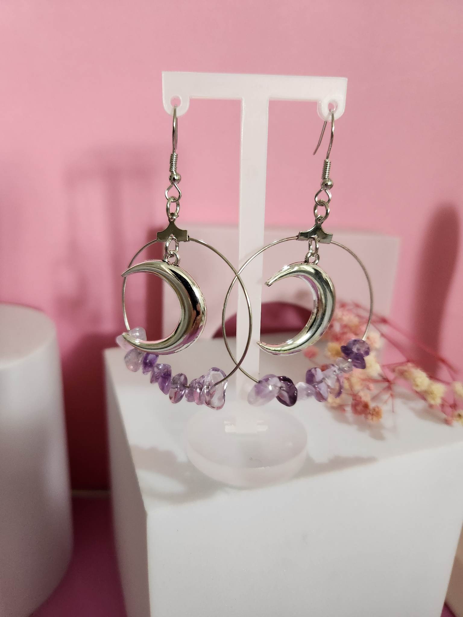 Faux Purple Crystal Hoop Earrings Moon Design - Pierced n Proud