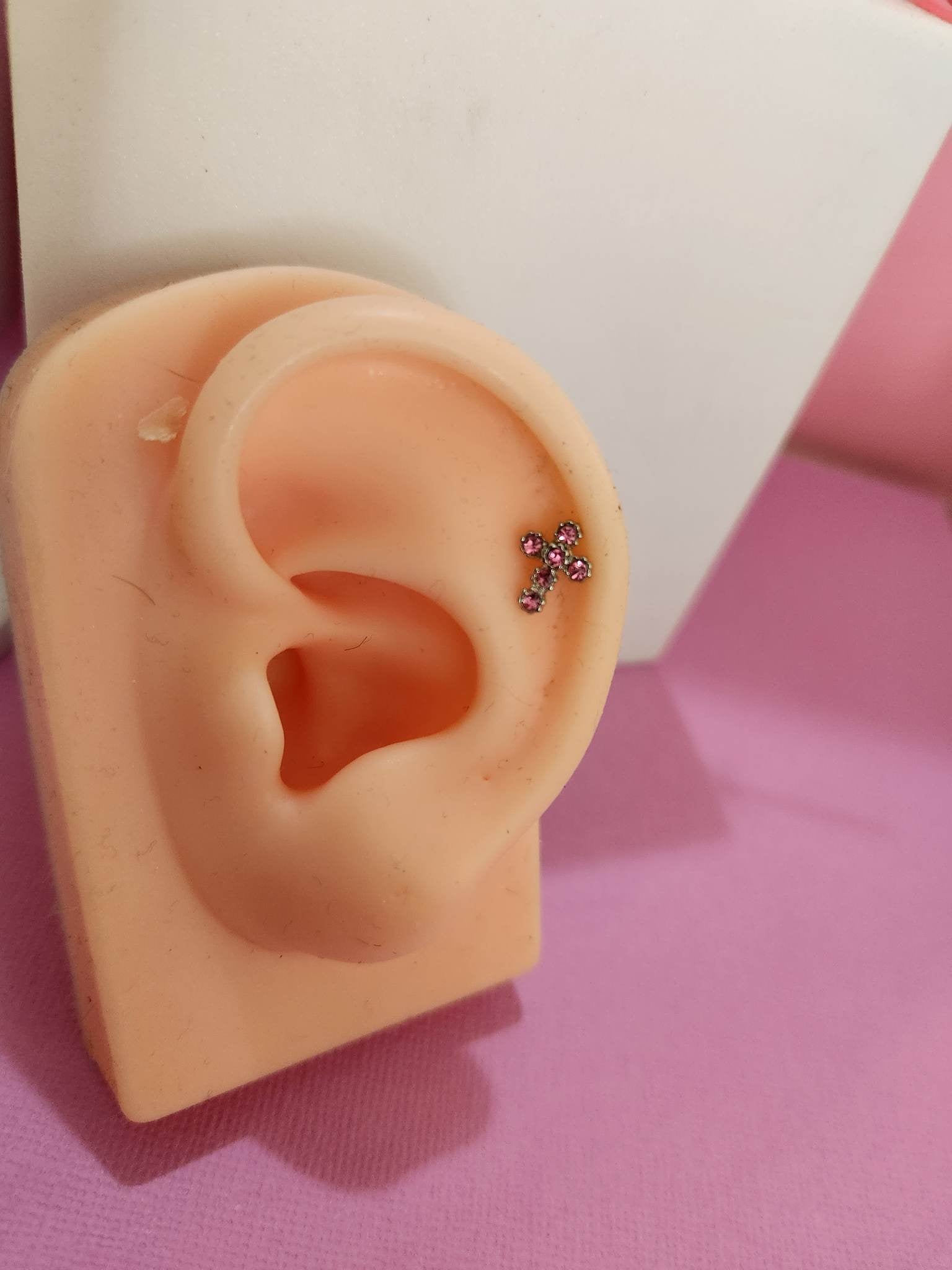 Pink Gem Cross Ear Piercing Tragus Cartilage Flat Rook Earrings - Pierced n Proud
