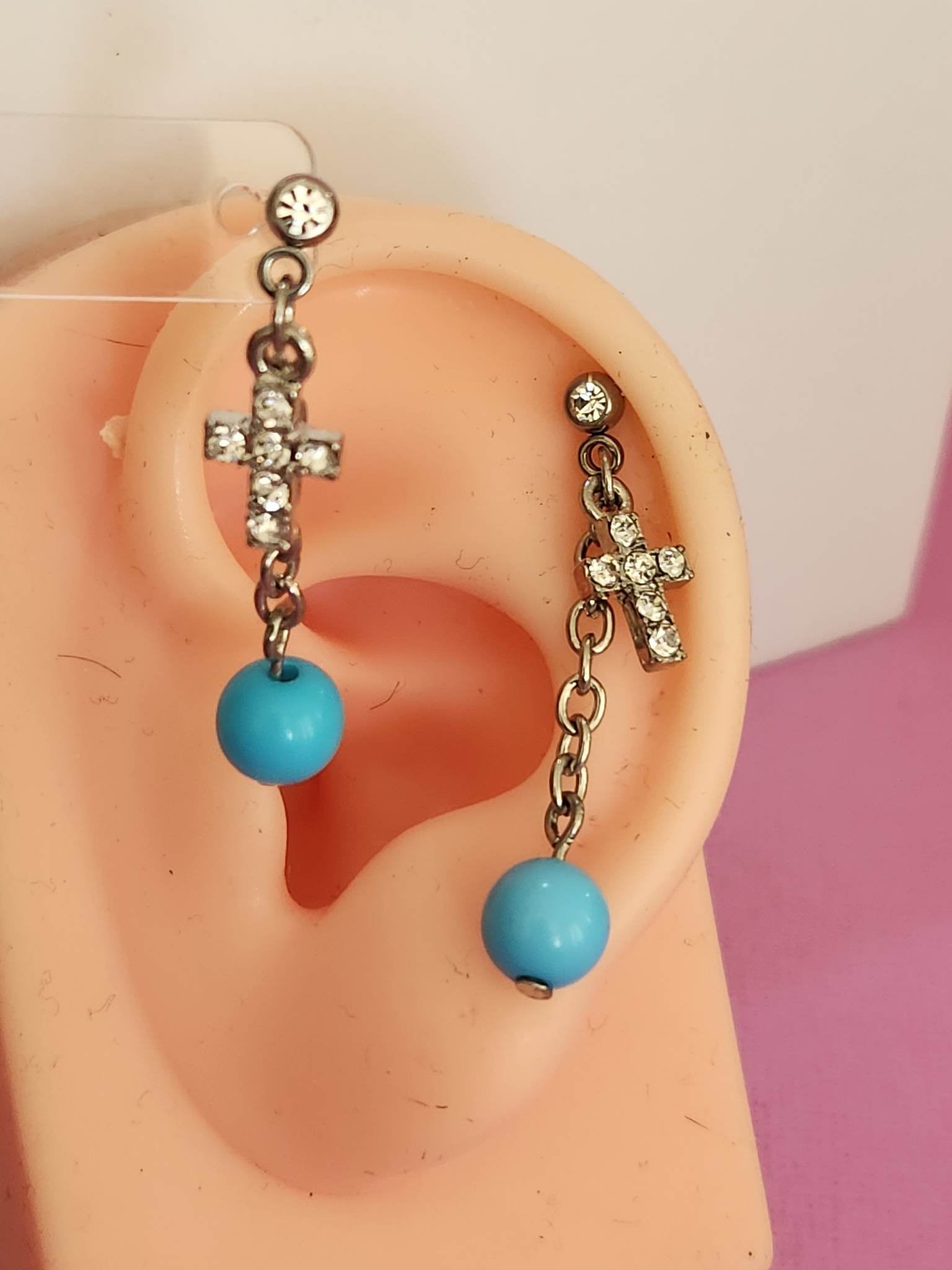 Dangle Cross Blue Head Chain Ear Piercing Tragus Cartilage Flat Rook Earrings - Pierced n Proud